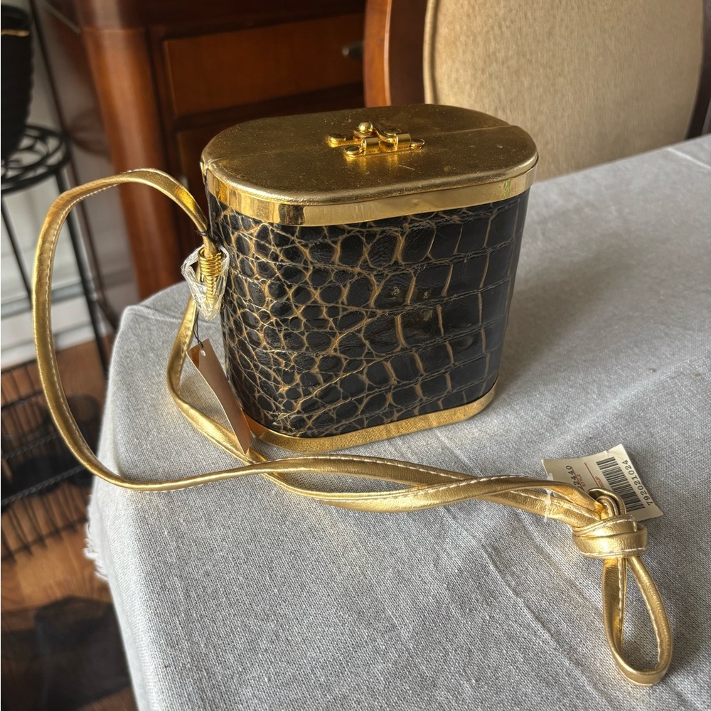Vintage Gold and Black Croc-Embossed Box Bag